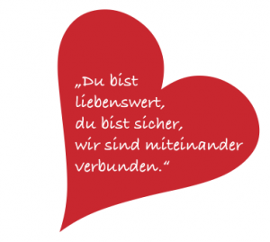 Rotes Herz mit Text: Du bist liebenswert, du bist sicher, wir sind miteinander verbunden